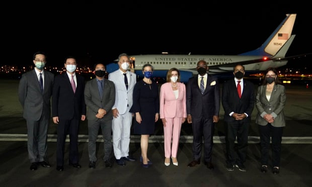 The US House Speaker Nancy Pelosi (first right) with her delegation arrives in Taiwan and is welcomed by Taiwan foreign minister Joseph Wu (second left).