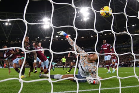 Lukasz Fabianski of West Ham looks on in desperation as Ivan Toney scores the opening goal during Brentford’s 2-0 win at the London Stadium