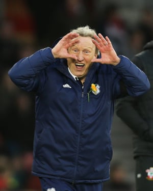 Cardiff City manager Neil Warnock reacts after his team score their second goal to beat Southampton 2-1 in the dying minutes and secure all three points away at St Mary’s.