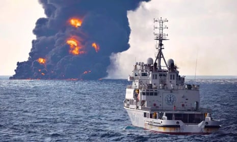 Smoke and flames coming from the oil tanker the Sanchi at sea off the coast of China. 