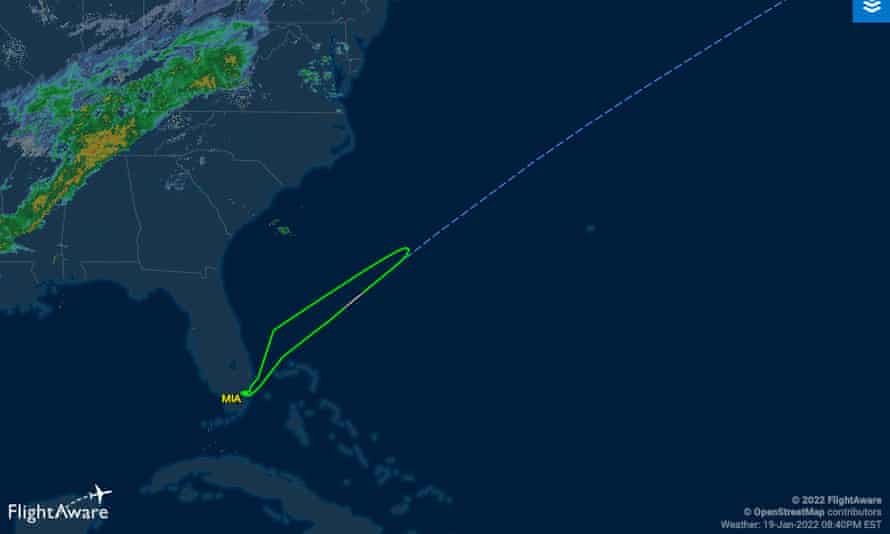 The unusual flight pattern for American Airlines flight 38, as tracked by FlightAware.