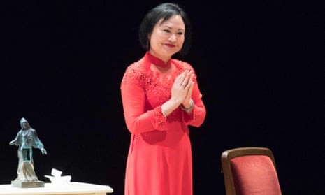 Kim Phuc Phan Thi, speaks after receiving the International peace prize at the Semperoper in Dresden, Germany. 