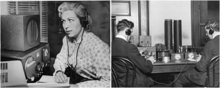 left: woman with earphones at desk. Right: two men with earphones at desk
