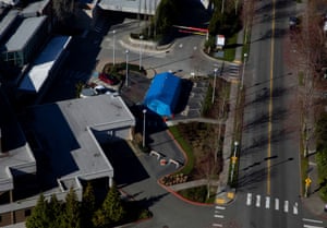 A blue tent is seen at the EvergreenHealth Medical Center campus in Kirkland, Washington