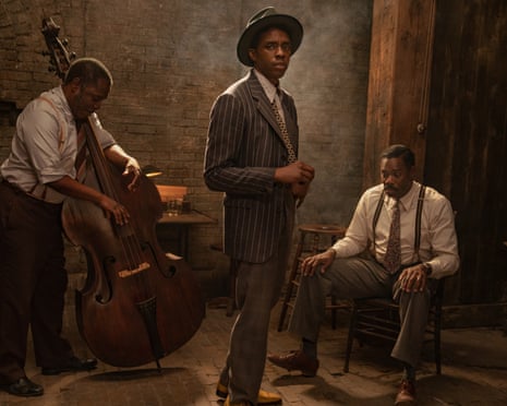 Ma Rainey’s Black Bottom (2020): (L to R) Michael Potts as Slow Drag, Chadwick Boseman as Levee and Colman Domingo as Cutler. Cr. David Lee / Netflix