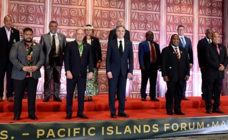 Papua New Guinea's prime minister James Marape, US secretary of state Antony Blinken, leaders from Pacific Islands and representatives from New Zealand and Australia pose for photos