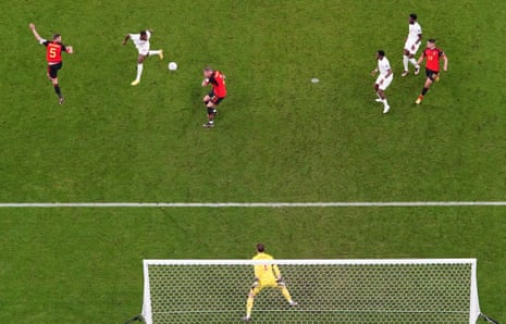 Canada's Cyle Larin heads at goal but Belgium keeper Thibaut Courtois saved his header.