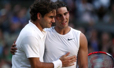Rafael Nadal is embraced by Roger Federer after the Spaniard’s victory in 2008 Wimbledon final
