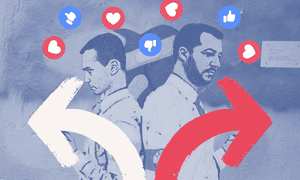 A mural in Milan depicts Luigi Di Maio, left, and Matteo Salvini using Facebook on their phones.