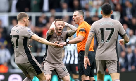 James Maddison of Tottenham Hotspur reacts towards feferee, Tim Robinson after being fouled during the Premier League match at Newcastle United.