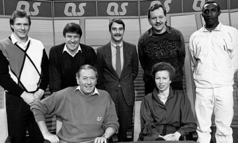 John Rutherford, Emlyn Hughes, Nigel Mansell, Bill Beaumont, Linford Christie, Princess Anne and David Coleman pose for a pre-show picture