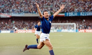 Salvatore ‘Toto’ Schillaci celebrates after scoring for Italy in their 1990 World Cup semi-final with Argentina in Naples. The hosts went onto lose on penalties