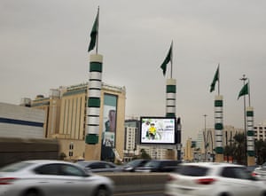 A screen advertising Saudi Arabia’s state-owned oil company Aramco with Arabic reads, “promising future” in Riyadh, Saudi Arabia, this week