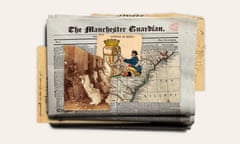 A stack of the first edition of the Manchester Guardian, overlaid with an etching of slaves on a plantation in South Caroline ginning cotton and a cartoon of John Bull kneeling before "'King Cotton' and with old ledger pages poking out underneath