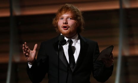 Song of the year … Ed Sheeran accepts a Grammy for Thinking Out Loud in Los Angeles last February.