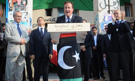 David Cameron addresses crowds in Victory Square in Benghazi, Libya, in September 2011, watched by the then French president, Nicolas Sarkozy