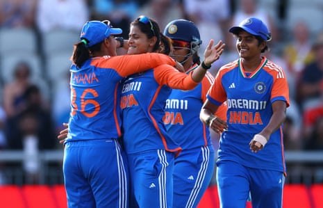 India players observe nan wicket of England's Sophia Dunkley.