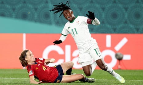 Zambia's Barbra Banda is fouled by Spain's Irene Paredes during their Women’s World Cup 2023 group game.