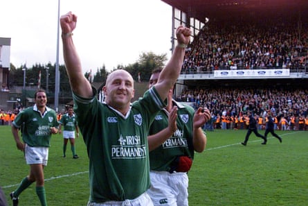 Keith Wood, then Ireland captain, celebrates a win over England in Dublin in October 2001