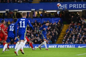 Andreas Christensen heads home Chelsea’s fourth goal.