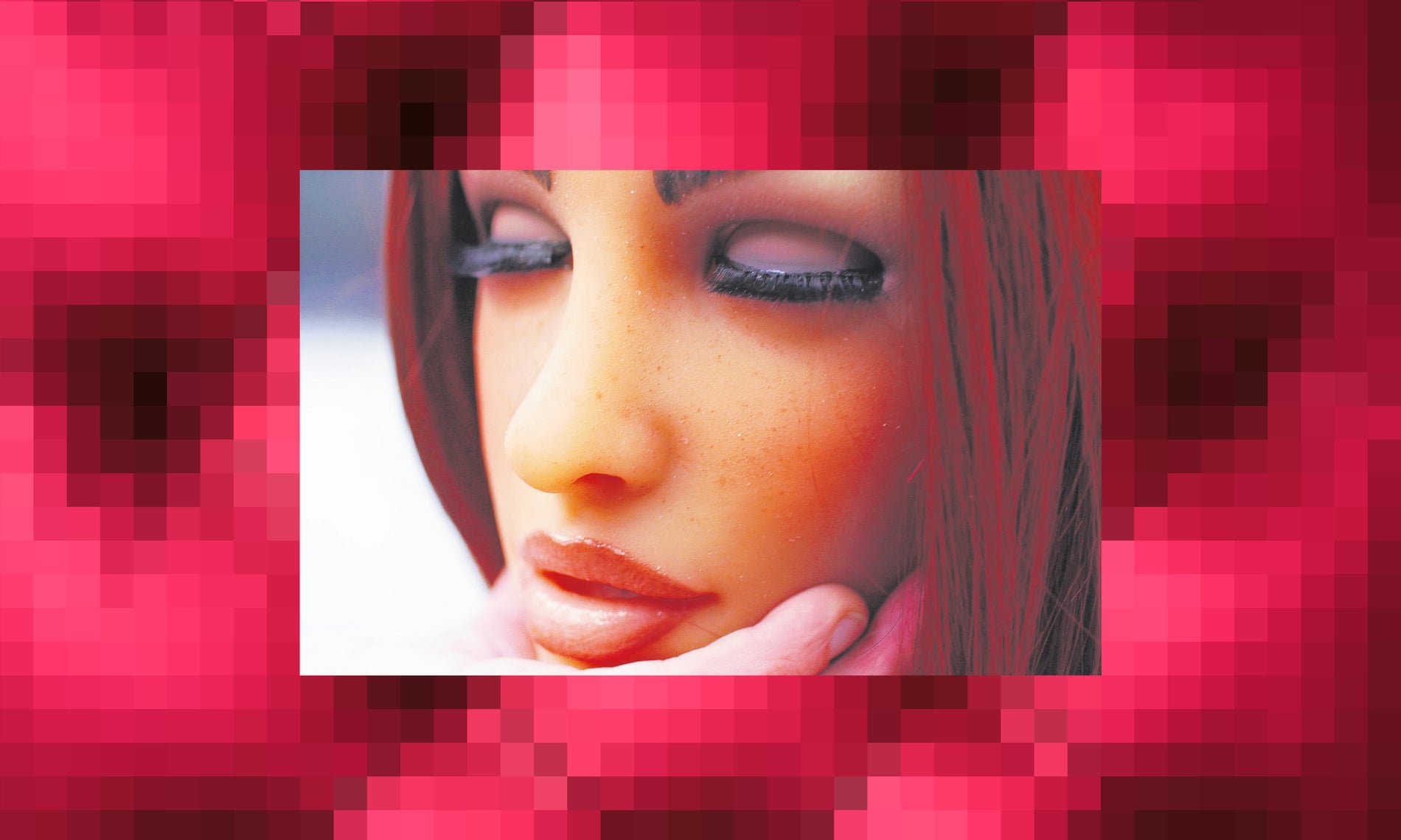 a Sex Robot against an abstract pixellated background