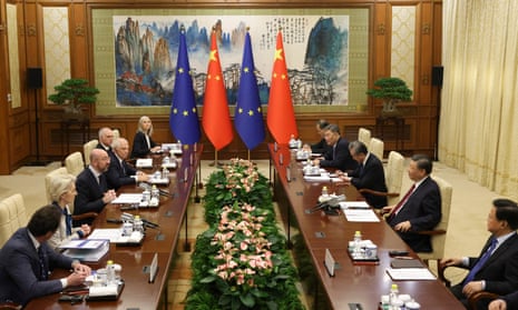 China’s president, Xi Jinping, second right, and the foreign minister, Wang Yi, third right, attend a meeting with the European Commission president, Ursula von der Leyen, second left, the European Council president, Charles Michel, third left, and the EU high representative for foreign affairs and security policy, Josep Borrell, fourth left, during the 24th EU-China Summit in Beijing.