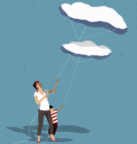 Illustration of parent and child with clouds as kites