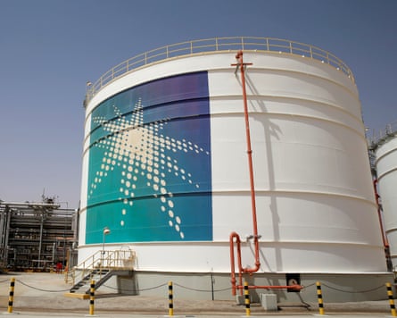 An Aramco oil tank is seen at the Production facility at Saudi Aramco’s Shaybah oilfield in the Empty Quarter, Saudi Arabia
