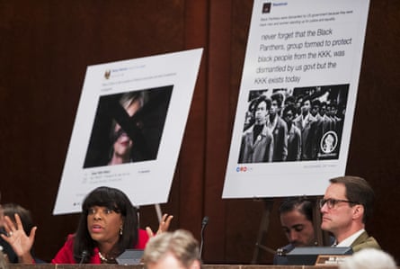 Divisive Russian-backed Facebook ads are displayed during a hearing by the House intelligence committee task force, during which Facebook’s general counsel was questioned.