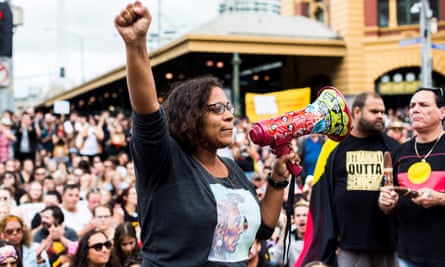 Actor Shareena Clanton speaks during an Invasion Day protest in Melbourne