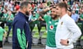 Ireland head coach Andy Farrell in conversation with England players Manu Tuilagi, centre, and Owen Farrell after their match in Dublin in August 2023