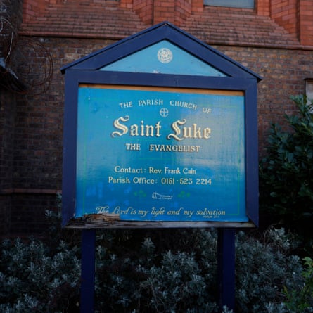 The blue painted sign for St Luke’s Church that sits at the corner of Goodison Park
