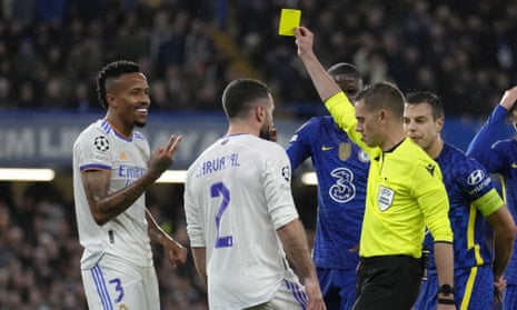 Here he is, booking Real Madrid’s Eder Militao in the first-leg, quarter-final clash against Chelsea.