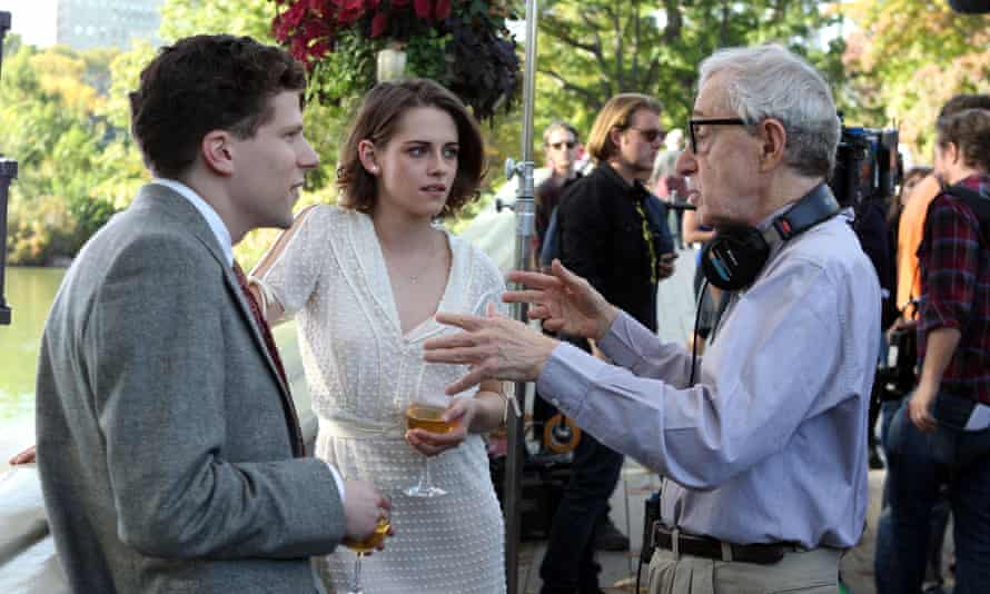 Allen on the set of Café Society with Jesse Eisenberg and Kristen Stewart