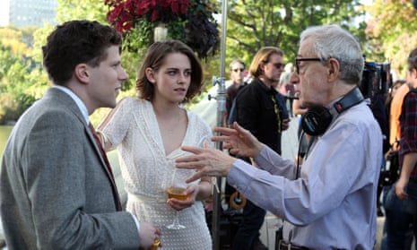 Woody Allen directing Jesse Eisenberg and Kristen Stewart in Cafe Society