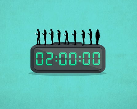 An illustration of tiny silhouetted figures looking at their phones apart from one as they stand on a digital clock displaying ‘02:00:00’