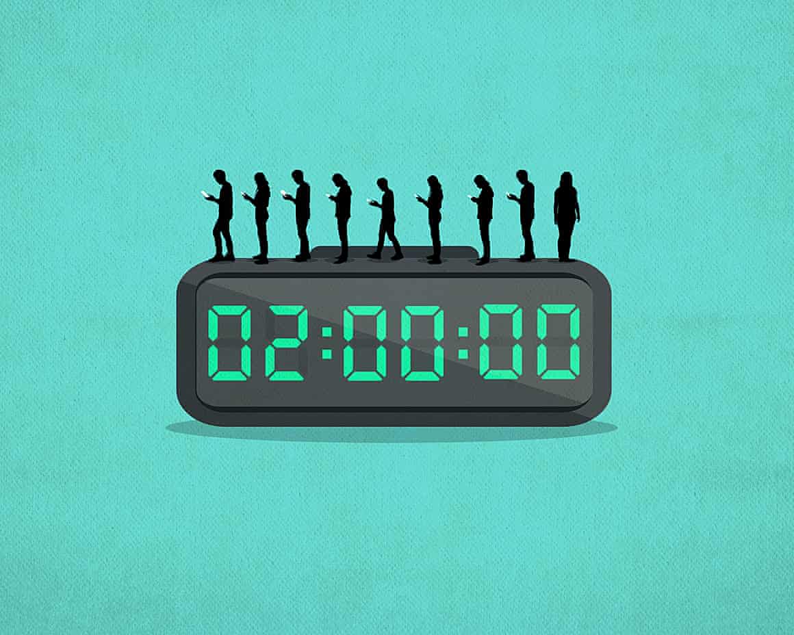 An illustration of tiny silhouetted figures looking at their phones apart from one as they stand on a digital clock displaying ‘02:00:00’