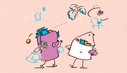Illustration of a wallet and purse, both with arms and legs, carrying shopping bags and groceries, one purple and one white, walking together