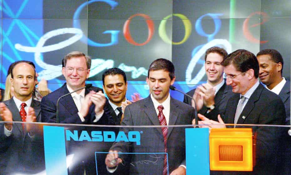 Google co-founder Larry Page, centre, at the company’s flotation on the Nasdaq stock exchange in 2004.