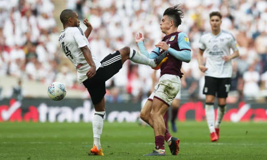 Denis Odoi was sent off for this foul on Aston Villa’s Jack Grealish in the play-off final.