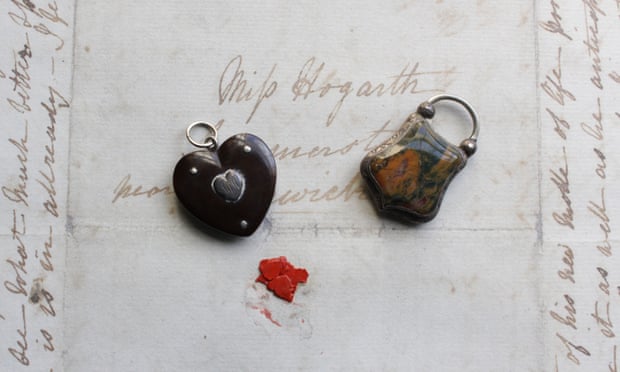 A heart-shaped locket owned by Mary Hogarth, containing a lock of her brother-in-law Charles Dickens’s hair, and a silver locket, with moss agate stone, containing a lock of Hogarth’s hair given to Dickens by his mother-in-law in 1837. 
