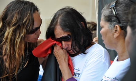 Della Roe, the mother of 22-year-old Yamatji woman Ms Dhu, is comforted by family at a protest against deaths in custody outside the Western Australian parliament in October 2014.