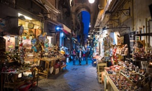 Night time view of the famous ‘Christmas Alley’ (Via San Gregorio Armeno), Naples, Italy