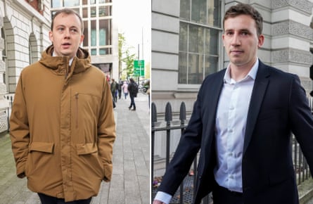 Christopher Berry and Christopher Cash in separate images leaving Westminster magistrates court; Berry wears a tan-coloured anorak and Cash a white shirt and dark suit jacket.