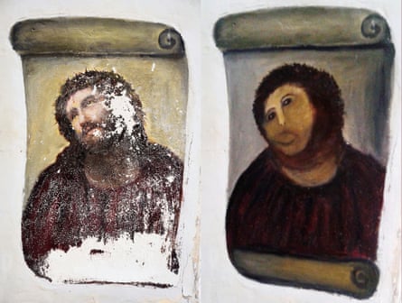 Borja’s Ecce Homo-style fresco of Christ , left and Cecilia Giménez ‘restored’ version.