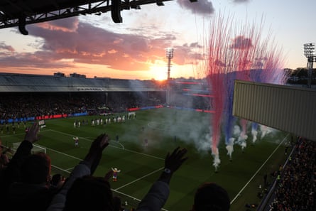 A fireworks display at sunset before the match at Selhurst Park.