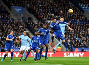 Vicente Iborra of Leicester City heads the ball during the match against Manchester City.