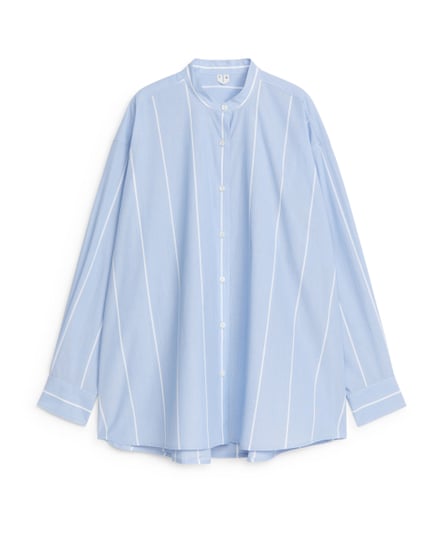 A collarless blue and white striped shirt from Arket