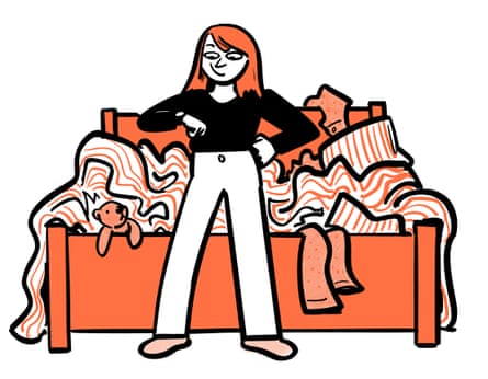 Illustration of a woman looking at her watch by a messy bed