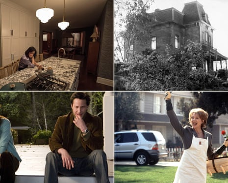 composite of four images, clockwise from top left: Lucy Liu in Steven Soderbergh’s Presence; Anthony Perkins out the Bates motel in Psycho; ‘boxy conformity’ with Annette Bening in American Beauty; Sandra Bullock and Keanu Reeves in The Lake House.